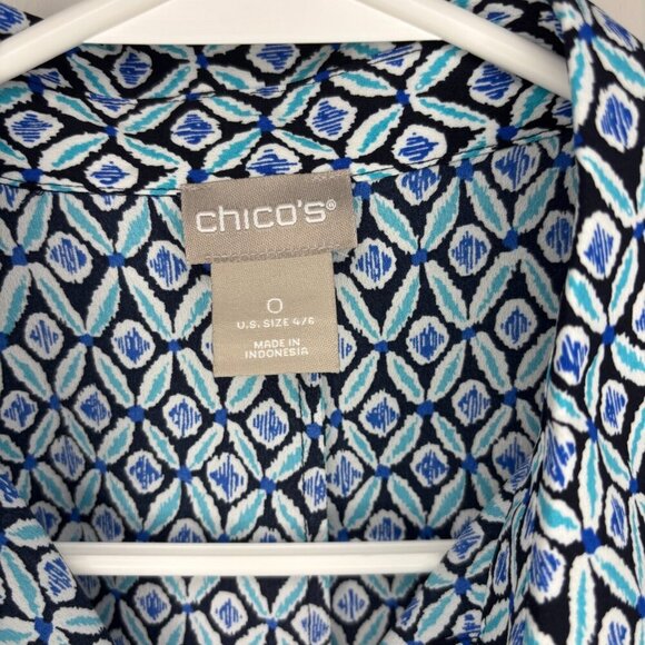 CHICO'S Button Up Blouse 0 XS Teal Blue Black Raglan Sleeve Collared Stretch - Picture 5 of 5
